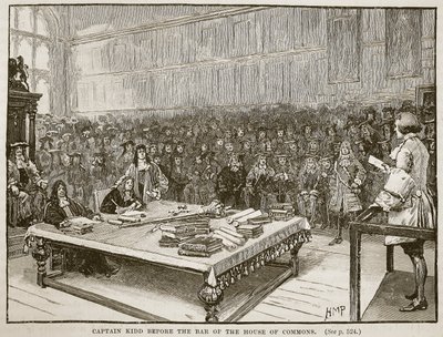 Kapteeni Kidd alahuoneen baarin edessä, kuvitus Cassells Illustrated History of Englandista (seepiakuva) tekijältä English School