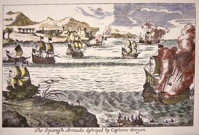 Kapteeni Morgan kukisti espanjalaiset sotalaivat, jotka tukkivat Maracaibo-järven suun vuonna 1669 (värillinen kaiverrus) tekijältä English School