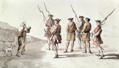 Kapinallisen vangitseminen, Simon Fraser, Lord Lovat (1667?-1747) (akvarelli paperille) tekijältä English School