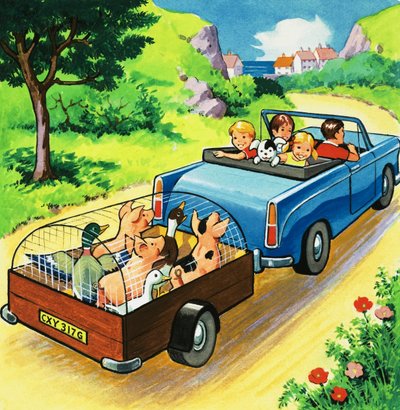 Auto vetää perävaunua pihaeläimistä tekijältä English School