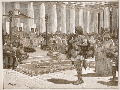 Caractacus ennen Claudiusta, kuvitus Cassells Illustrated History of Englandista (seepiakuva) tekijältä English School