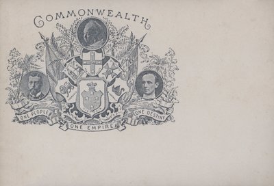Kansainyhteisön ja Australian juhlakortti, 1800-luvun loppu (litho) tekijältä English School