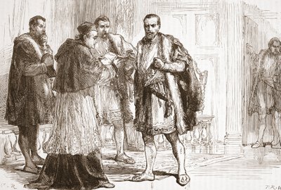 Kardinaali de Tournon lukee protestanttista kylttiä Francis I:lle, kuvitus James Aitken Wylien (1808-1890) teoksesta The History of Protestantism, pub. 1878 tekijältä English School