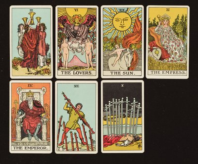Kortit Tarot-sarjasta, n. 1809 (käsinvärinen lito) tekijältä English School