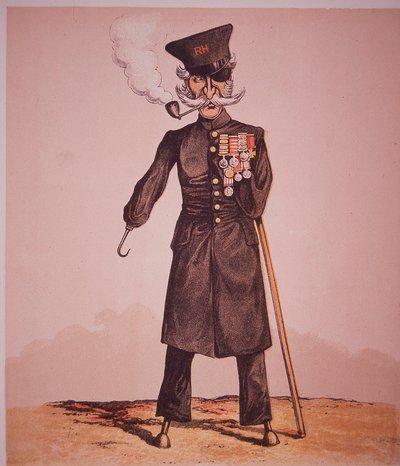 Karikatyyri Chelsean eläkeläisestä Royal Hospitalista, majuri Seccomben "Army and Navy Drolleries" -teoksesta (värillinen kaiverrus) tekijältä English School