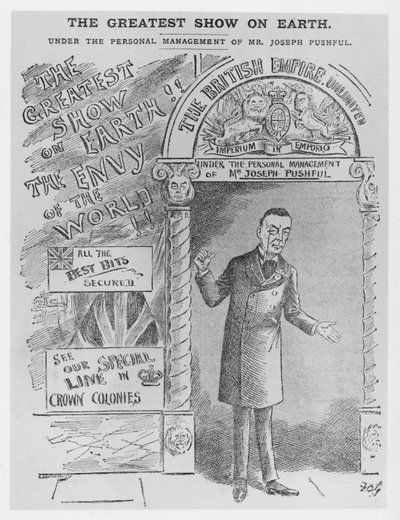 Karikatyyri Joseph Chamberlainista siirtomaasihteerinä, n. 1900 tekijältä English School