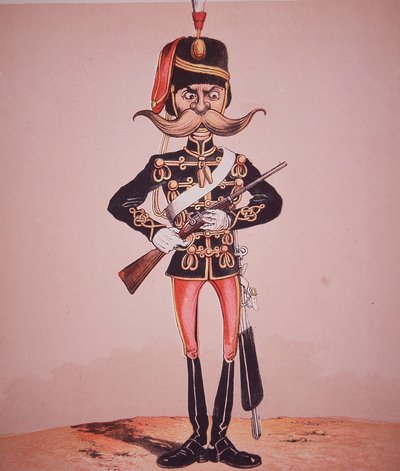 Karikatyyri 11. husaarien vartiosta majuri Seccomben "Army and Navy Drolleries" -teoksesta (värillinen kaiverrus) tekijältä English School