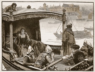 Catherine Howard kuljetetaan Toweriin, kuvitus Cassells Illustrated History of Englandista (seepiakuva) tekijältä English School