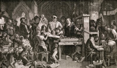 Caxton (n. 1422-1491) näyttää näytteitä painoksestaan kuningas Edward IV:lle Almonryssä Westminsterissä, 1858 tekijältä English School