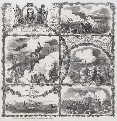 Wellingtonin herttuan voittoja Seringapatamin piirityksessä (1799), Dhondia Waghin kukistamisessa (1800), Assayen taistelussa (1803) ja Waterloon taistelussa (1815) (kaiverrus). tekijältä English School