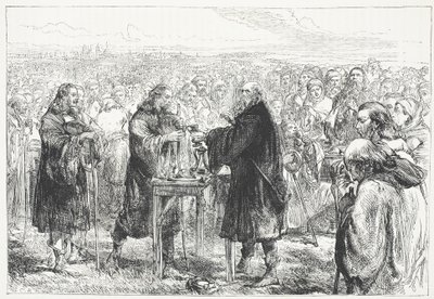 Hussilaisten eukaristian vietto pellolla lähellä Prahaa, esimerkki James Aitken Wylien (1808-1890) teoksesta Protestantismin historia, pub. 1878 tekijältä English School