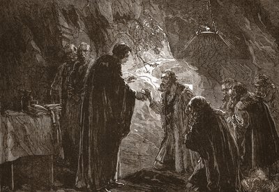 Calvin ja hänen protestanttitoverinsa viettävät Herran ehtoollista Poictiersin luolassa, esimerkki James Aitken Wylien (1808-1890) teoksesta The History of Protestantism, pub. 1878 tekijältä English School
