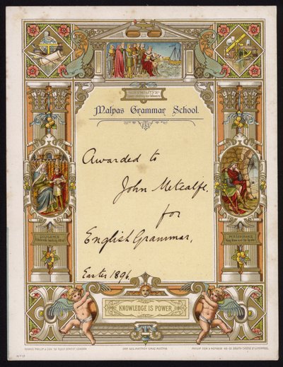 Cheshiren Malpas Grammar Schoolin oppilaalle myönnetty englannin kieliopin todistus tekijältä English School