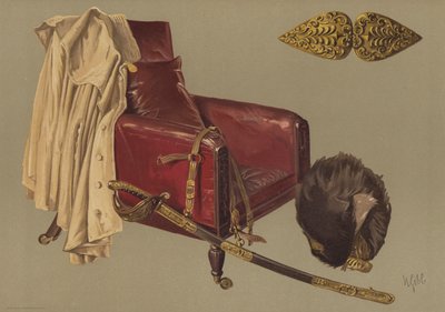 Field-marsalkka, Wellingtonin herttuan tuoli ja viitta, karhunnahka ja Grenadierivartijoiden miekka (chromolitho) tekijältä English School
