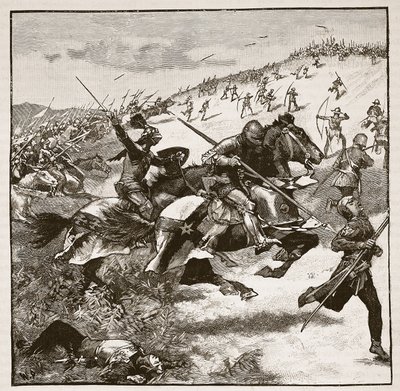 Charge of the Scots at Homildon Hill, kuvitus Cassells Illustrated History of Englandista (seepiakuva) tekijältä English School