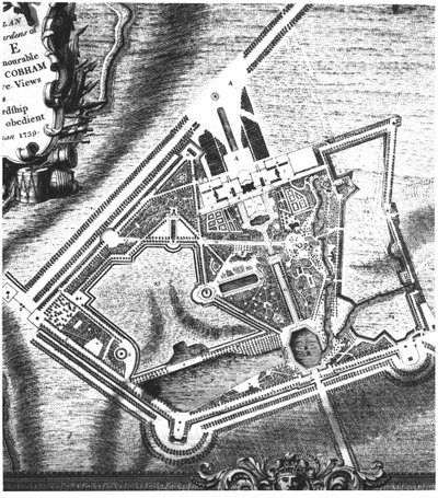 Charles Bridgemansin (fl.1713-38) suunnitelma Stowe Gardensia varten rouva Charles Bridgemanin vuonna 1739 julkaisemasta kirjasta Stowen näkymistä (katso William Kentsin myöhemmän suunnitelman 140583) tekijältä English School