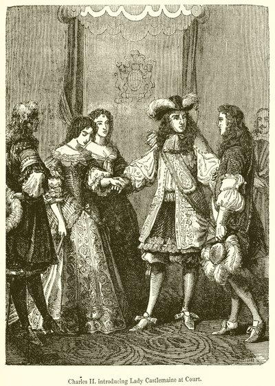 Kaarle II. esittelemässä Lady Castlemainea Courtissa tekijältä English School