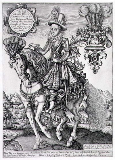 Charles I Walesin prinssinä hevosen selässä, "Kuninkaiden kirjasta", kaiverrus Renold Elstrack (1571-n. 1630) 1618 (kaiverrus) tekijältä English School