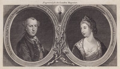 Charles William Ferdinand, Brunswickin herttua ja hänen vaimonsa, prinsessa Augusta, kuningas Yrjö III:n sisar (kaiverrus) tekijältä English School