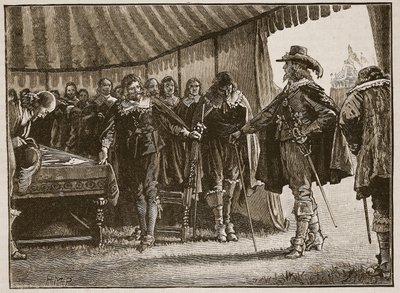 Charles ja Scottish Commissioners, kuvitus Cassells Illustrated History of Englandista (seepiakuva) tekijältä English School