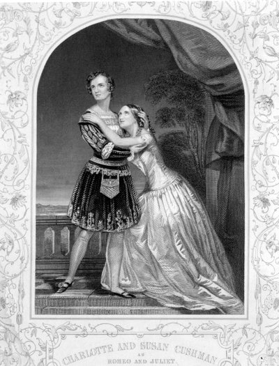 Charlotte ja Susan Cushman Romeon ja Julian roolissa, Romeo ja Julia, III näytös, kohtaus 5, daguerrotypiasta, pubista. Kirjailija: John Tallis & Co. tekijältä English School