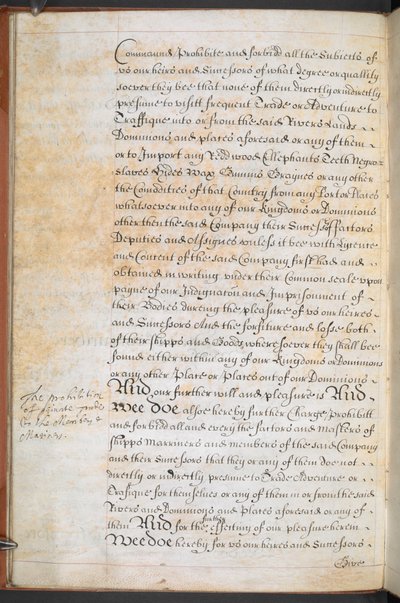 Afrikkaan kauppaa käyvälle Englannin kuninkaallisten seikkailijoiden yhtiölle myönnetty peruskirja, Sloane MS 205, f.8v. tekijältä English School