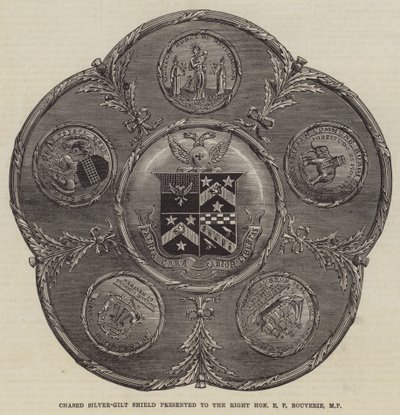Chased Silver-Gilt Shield annettiin oikealle arvoisalle E P Bouverielle, kansanedustajalle (kaiverrus) tekijältä English School