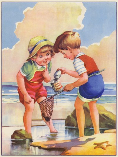 Lapset kalastamassa kallioaltaassa meren rannalla (värilitografia) tekijältä English School