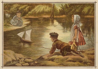 Lapset laskevat vesille mallijahtia (värilitho) tekijältä English School
