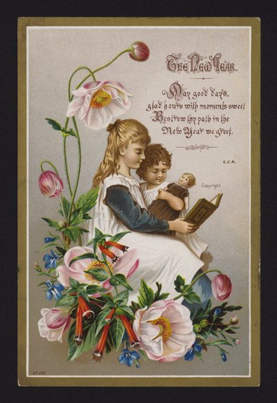 Lapset lukemassa kirjaa, uudenvuoden onnittelukortti, 1800-luvun loppu tai 1900-luvun alku (kromoliitti) tekijältä English School