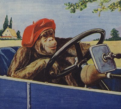 Simpanssi ajamassa autoa (värilitografia) tekijältä English School