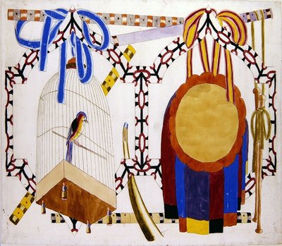 Chinoiserie-design lintuhäkillä ja soittimilla (akvarelli painetun ääriviivan päällä paperille) tekijältä English School