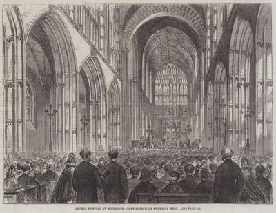 Kuorofestivaali Sherborne Abbey -kirkossa torstai viikolla (kaiverrus) tekijältä English School