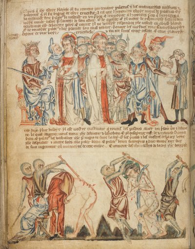 Kristus Herodeksen ja Pilatuksen edessä; Herodes pesee kätensä; Kristuksen lyöminen, Add. 47682, f.30v, c.1320-30 (vellum) tekijältä English School