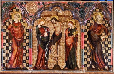 Kristus Pyhän Marian ja Johannes Kastajan ympäröimänä, ristiinnaulitsemisalttarin keskiosasta (tempera puulle). tekijältä English School