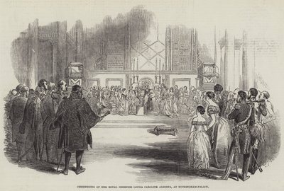 Hänen kuninkaallisen korkeutensa Louisa Caroline Albertan ristiäiset Buckingham-palatsissa (kaiverrus) tekijältä English School