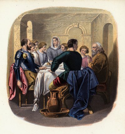 Christiana ja pyhiinvaeltajat Gaiuksen talossa, kuvitus John Bunyanin teoksesta Pilgrim