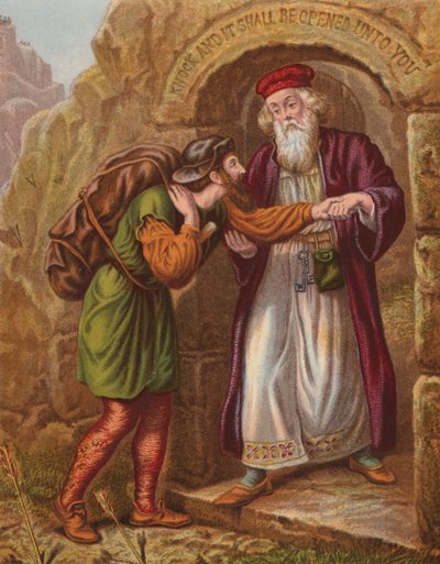 Christianin saapuminen portille (värilitografia). tekijältä English School