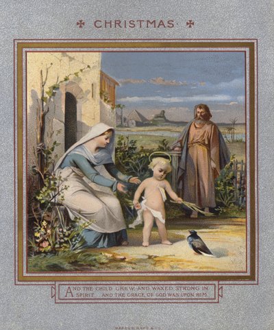 Joulukortti: Jeesus leikkii kyyhkysen kanssa, hänen vanhempansa vartioivat (chromolitho) tekijältä English School