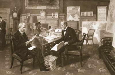 Churchill ja Fisher työssä: ensimmäinen lordi huoneessaan Admiraltyssa First Sea Lordin kanssa, The Illustrated War News, 1915 tekijältä English School