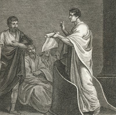 Cicero syyttää Catiliniusta senaatin istuntosalissa (kaiverrus). tekijältä English School