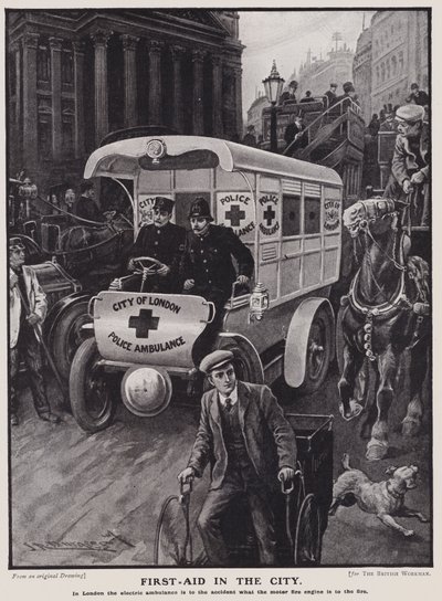 Lontoon kaupungin poliisin sähköambulanssi (litho) tekijältä English School