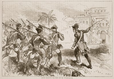 Clive johdattelee miehiään Conjeveramiin, kuvitus James Grantin pubista Cassells Illustrated History of India. 1879 tekijältä English School