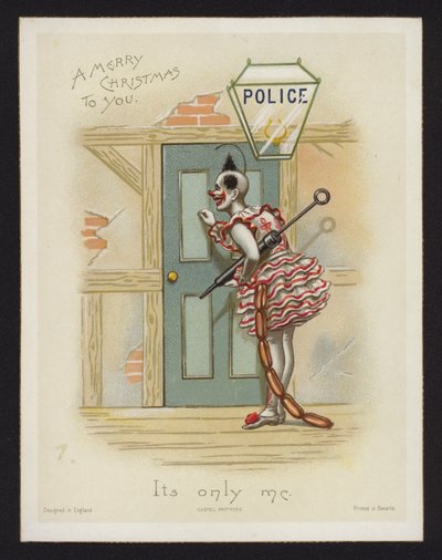 Klovni koputtaa poliisiaseman oveen (chromolitho) tekijältä English School