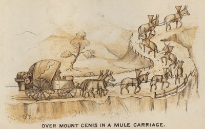 Valmentajat ja valmentaminen: Mount Cenisin yli muulivaunuissa (litografia) tekijältä English School