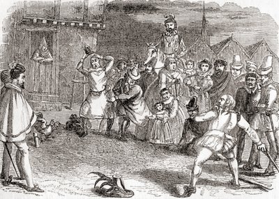 Kukkojen heittely, eli cock-shying tai kukkojen heittely, Vanhasta Englannista: A Pictorial Museum, pub. 1847 tekijältä English School