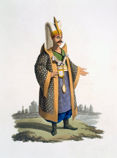Janissarien eversti jalokivillä ja tikareilla, 1818 (värillinen akvatinta) tekijältä English School