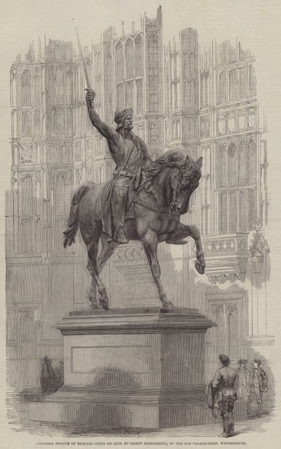 Richard Coeur de Lionin kolossaalinen patsas, Baron Marochetti, vanhassa palatsipihassa, Westminster (kaiverrus) tekijältä English School