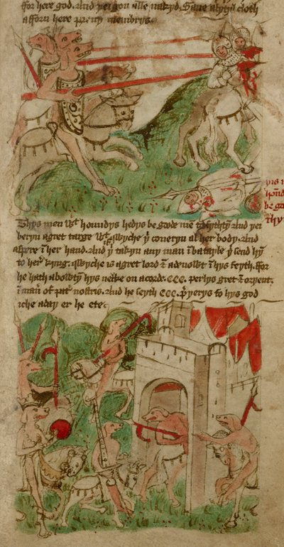 Värilliset piirustukset, jotka kuvaavat Nacumeran saaren koiranpäisiä ihmisiä ("Cynocephalus"), teoksesta "Travels of Sir John Mandeville" (pergamentti) tekijältä English School