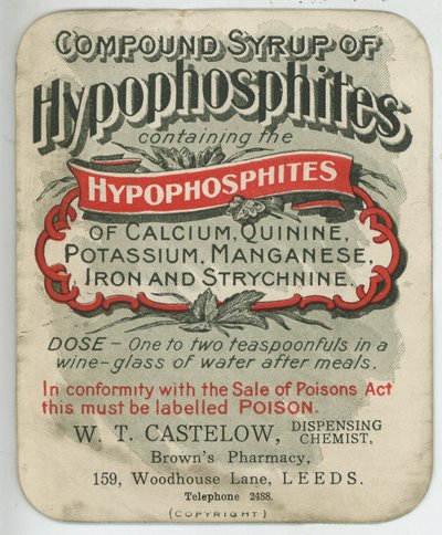 Yhdistelmäsiirappia Hypophosphites etiketti, 1900-luvun alku (väri litho) tekijältä English School